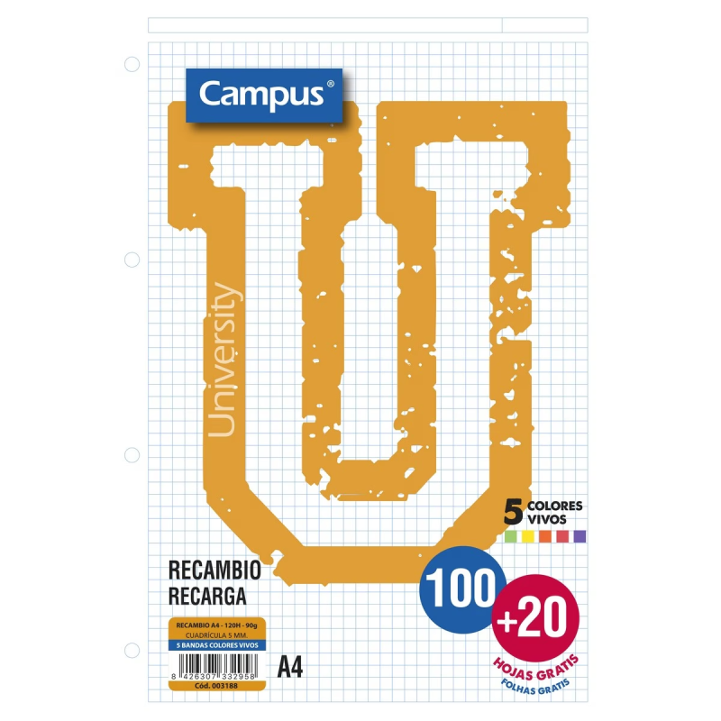 Recambio Campus A4 100 + 20 Hojas 90G Cuadrícula 5 mm Bandas Colores Vivos