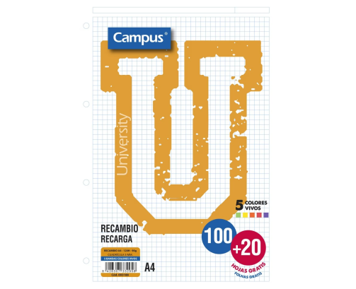 Recambio Campus A4 100 + 20 Hojas 90G Cuadrícula 5 mm Bandas Colores Vivos