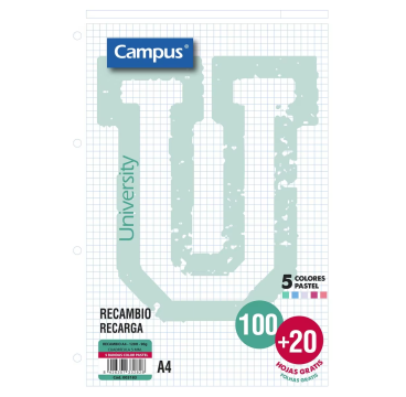 Recambio A4 100 + 20 Hojas 90g cuadrícula 5x5 mm Campus bandas colores pastel