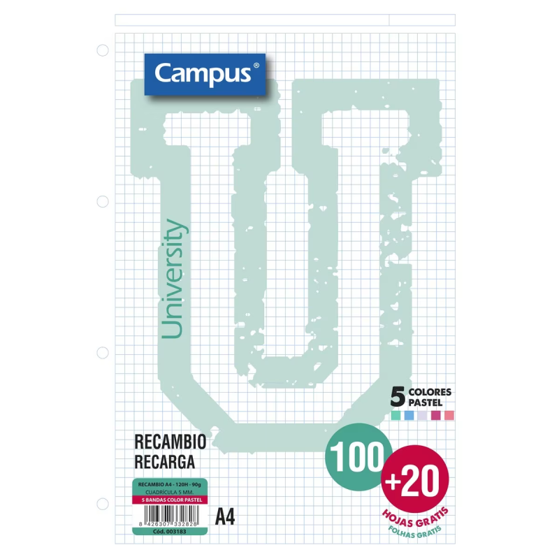 Recambio A4 100 + 20 Hojas 90g cuadrícula 5x5 mm Campus bandas colores pastel