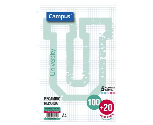 Recambio A4 100 + 20 Hojas 90g cuadrícula 5x5 mm Campus bandas colores pastel