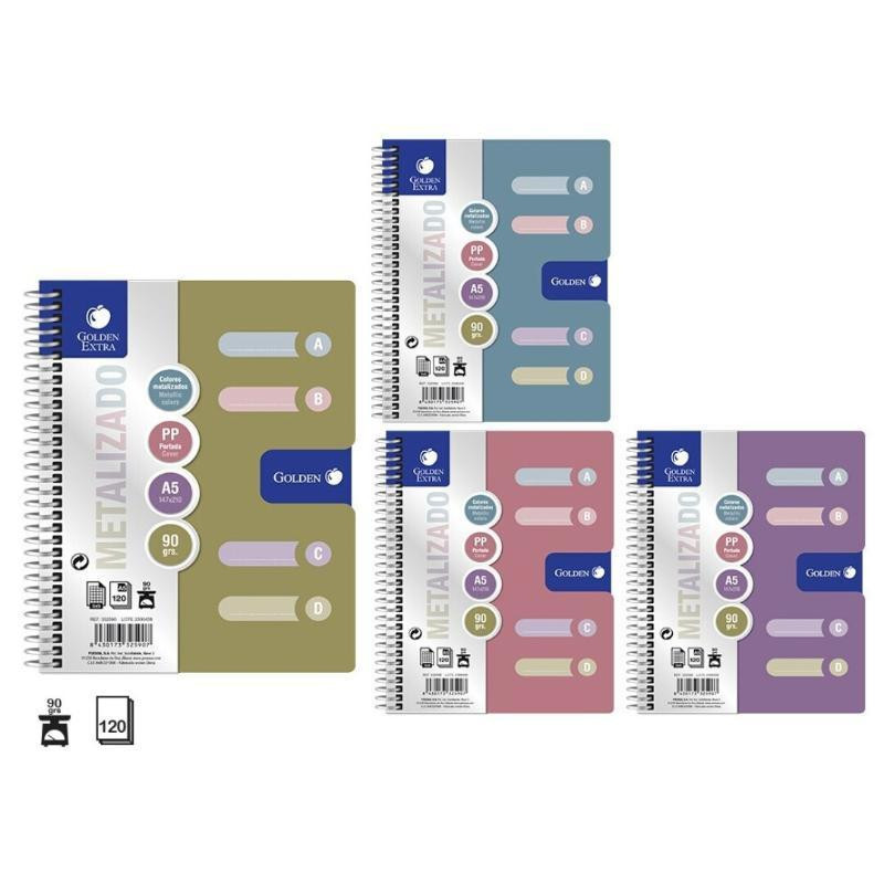 Cuaderno golden a5 tapa pp color metalico con separadores