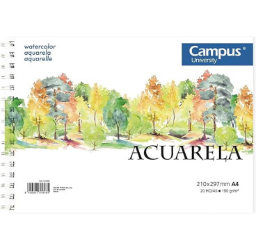 Campus University - Bloc de Dibujo A4 Papel de Acuarela con Espiral 20 Hojas 190 gramos en Blanco