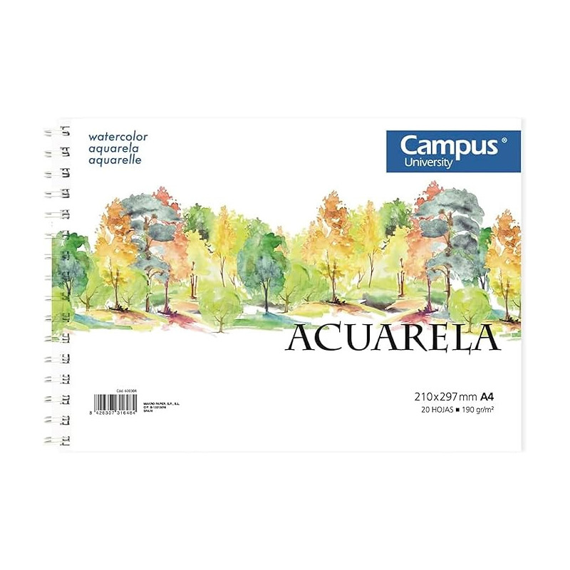 Campus University - Bloc de Dibujo A4 Papel de Acuarela con Espiral 20 Hojas 190 gramos en Blanco