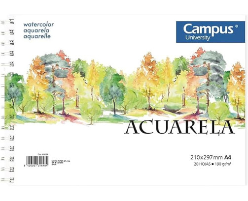 Campus University - Bloc de Dibujo A4 Papel de Acuarela con Espiral 20 Hojas 190 gramos en Blanco
