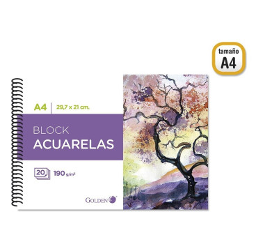 Bloc dibujo acuarela A4 liso 190gr Golden 20Hoja