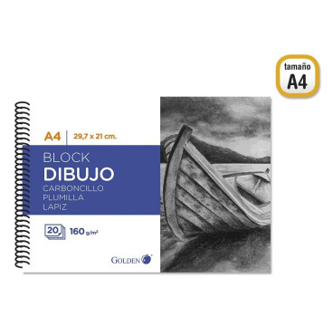 GOLDEN Cuaderno - Bloc de dibujo carboncillo, liso, 20 hojas 160 g/m² A4