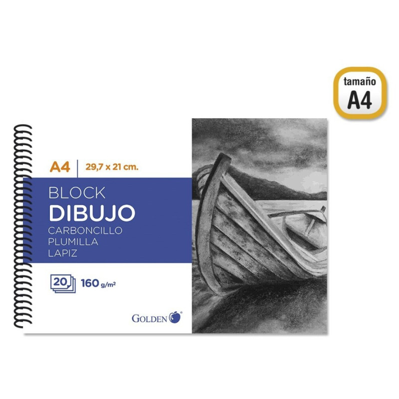 GOLDEN Cuaderno - Bloc de dibujo carboncillo, liso, 20 hojas 160 g/m² A4