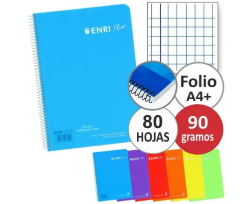 Enri Cuaderno A4  Tapa de Plástico Espiral 4x4 con margen 80 Hojas 90gr  (PACK 1UDS)