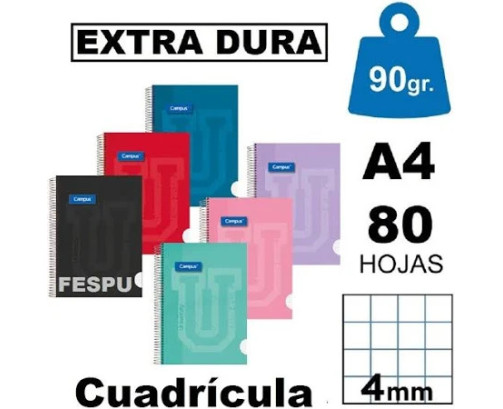 Cuaderno espiral 4x4 mm A4 Campus tapa forrada 90 Gr 80 Hj Colores Surtidos