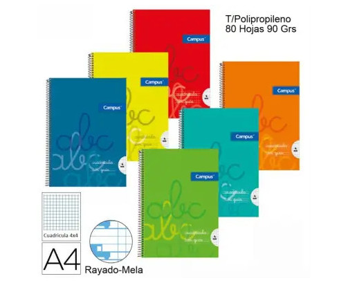 Cuaderno Espiral A4 4mm Pautado Tapa Plastico Campus