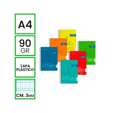 Campus - Cuadernos A4 Cuadrícula Pauta  3x3mm , Tapa Plastico, 80 Hojas