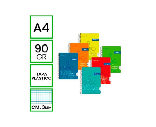 Campus - Cuadernos A4 Cuadrícula Pauta  3x3mm , Tapa Plastico, 80 Hojas