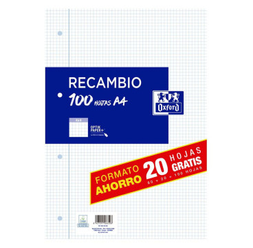 Recambio Papel Oxford A4 4 taladros 80 + 20 hojas 4x4 margen