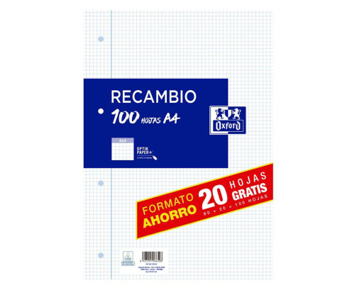 Recambio Papel Oxford A4 4 taladros 80 + 20 hojas 4x4 margen