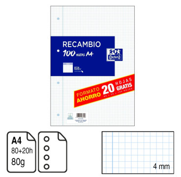 Recambio Papel Oxford A4 4 taladros 80 + 20 hojas 4x4 margen