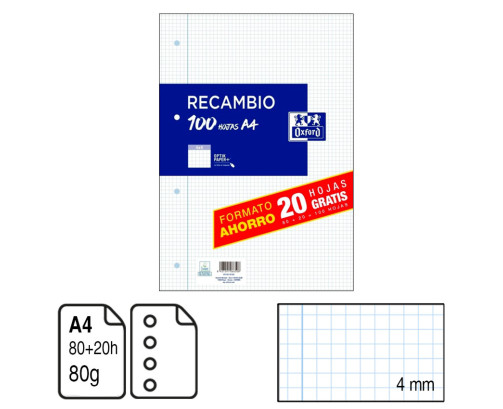 Recambio Papel Oxford A4 4 taladros 80 + 20 hojas 4x4 margen