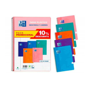 PACK 5 CUADERNOS OXFORD  CLASSIC  A4 TAPAS PLÁSTICO COLORES TENDENCIA