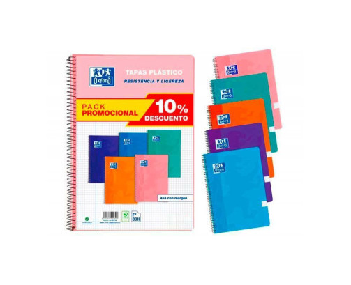 PACK 5 CUADERNOS OXFORD  CLASSIC  A4 TAPAS PLÁSTICO COLORES TENDENCIA