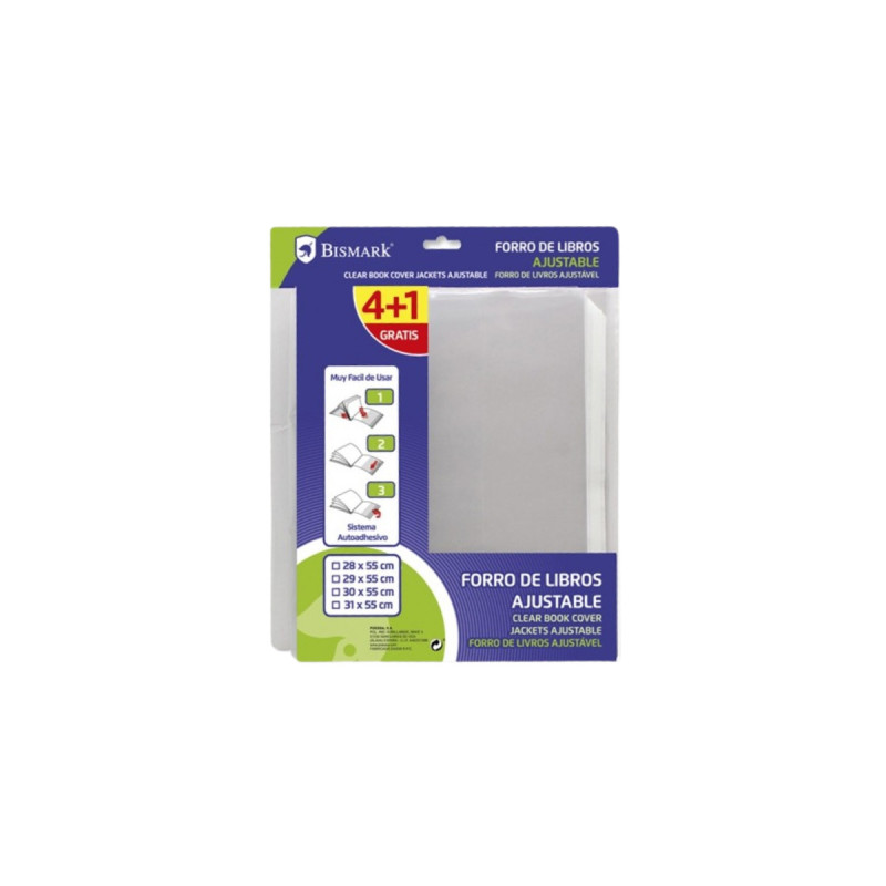 Bismark Pack de 4+1 Forralibros Ajustable 29x55cm - Ideal para Uso Escolar - Transparente