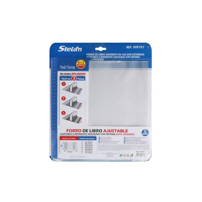 Forro de Libros 29x55 cm Autoadhesivo y Ajustable Transparente Adhesivo en los dos Extremo - Pack de 5 Unidades