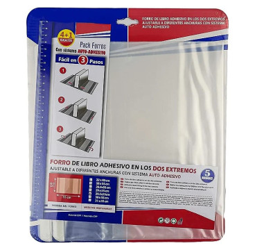 Forro de Libros 29,5x55 cm Autoadhesivo y Ajustable Transparente Adhesivo en los dos Extremo - Pack de 5 Unidades
