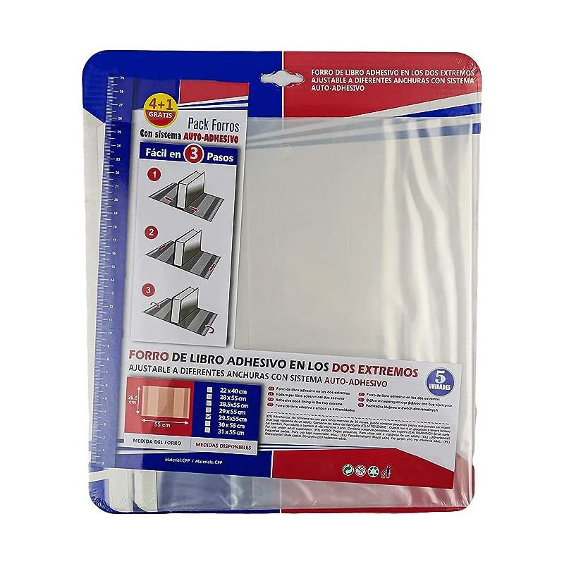 Forro de Libros 29,5x55 cm Autoadhesivo y Ajustable Transparente Adhesivo en los dos Extremo - Pack de 5 Unidades