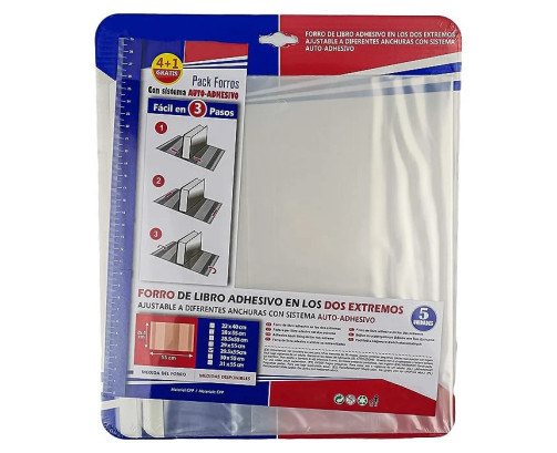 Forro de Libros 29,5x55 cm Autoadhesivo y Ajustable Transparente Adhesivo en los dos Extremo - Pack de 5 Unidades