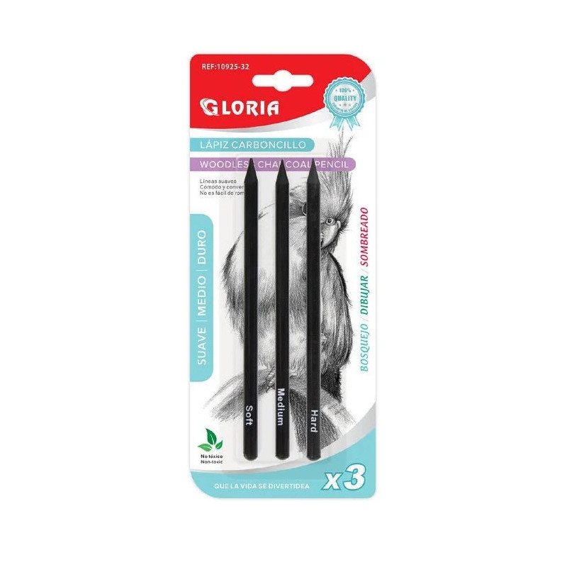 Lapices Carboncillo - 3 piezas - Carbón Negro con diferentes grados de dureza