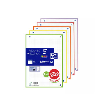 Recambio 100+20 Hojas Paquete A4 5X5 Oxford 5 Colores Banda Vivos - Promo
