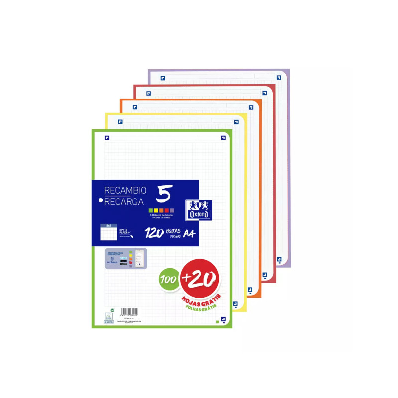 Recambio 100+20 Hojas Paquete A4 5X5 Oxford 5 Colores Banda Vivos - Promo