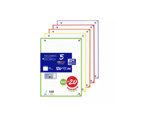 Recambio 100+20 Hojas Paquete A4 5X5 Oxford 5 Colores Banda Vivos - Promo