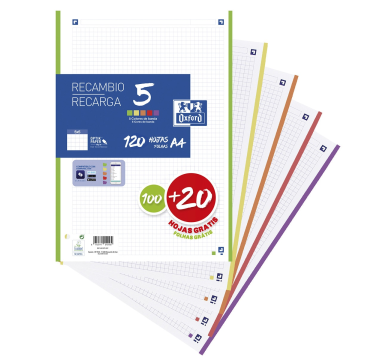 Recambio 100+20 Hojas Paquete A4 5X5 Oxford 5 Colores Banda Vivos - Promo