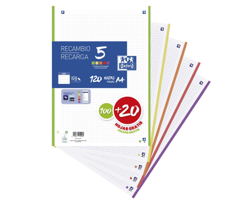 Recambio 100+20 Hojas Paquete A4 5X5 Oxford 5 Colores Banda Vivos - Promo