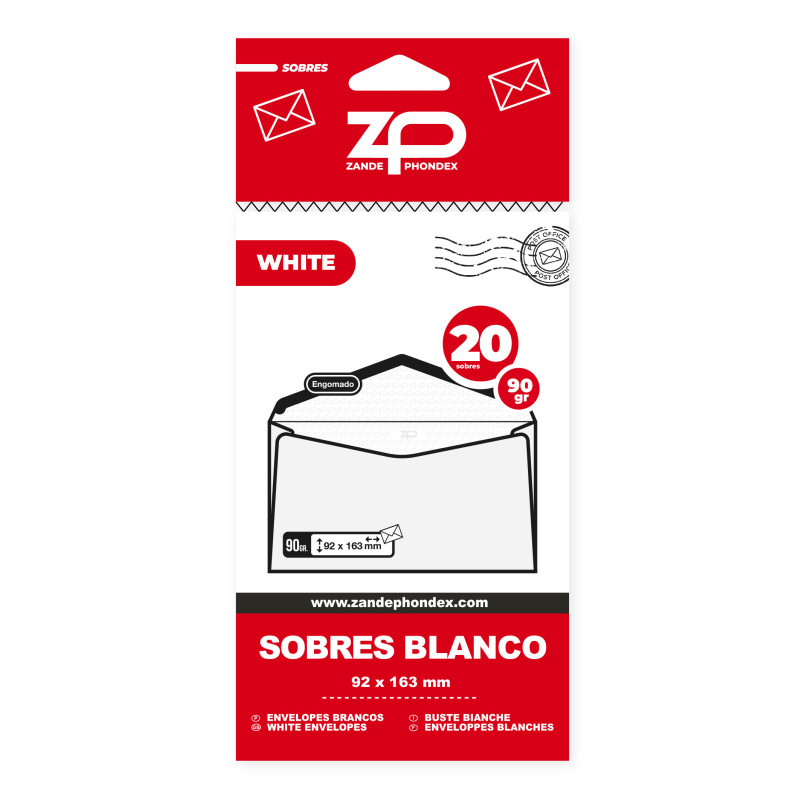 20 SOBRES BLANCOS 92X163 90gr