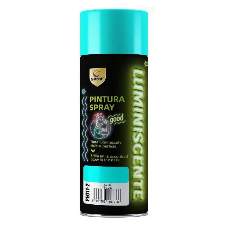 Pintura Spray Brilla en la Oscuridad Tinta Luminiscente Multisuperficie Azul -Verde 200ml