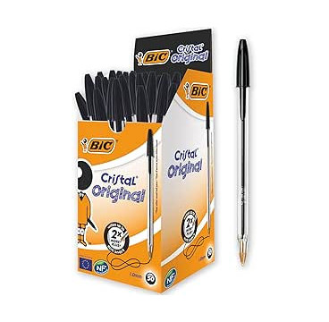 BIC Cristal Original, Bolígrafos Punta Media, Óptimo para Uso Escolar y Oficinas (1,0mm), Negro, Caja de 50 Unidades