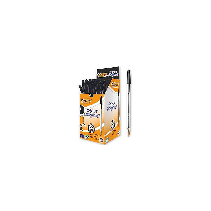 BIC Cristal Original, Bolígrafos Punta Media, Óptimo para Uso Escolar y Oficinas (1,0mm), Negro, Caja de 50 Unidades