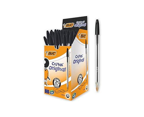 BIC Cristal Original, Bolígrafos Punta Media, Óptimo para Uso Escolar y Oficinas (1,0mm), Negro, Caja de 50 Unidades