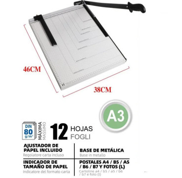 Guillotina de Papel A3 Base de Metal Cortador de Papel 12 hojas de Capacidad Profesional para Papelería Fotográfica Oficina