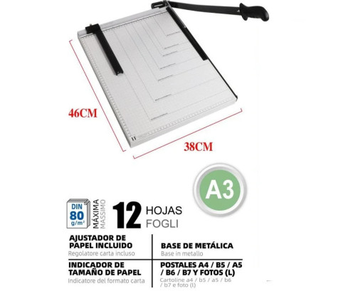 Guillotina de Papel A3 Base de Metal Cortador de Papel 12 hojas de Capacidad Profesional para Papelería Fotográfica Oficina