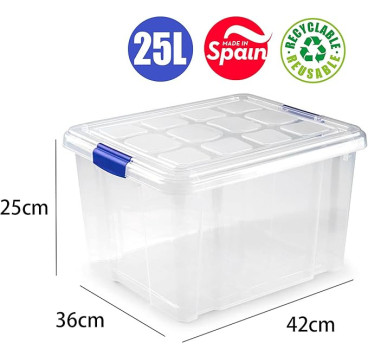 Caja Almacenaje Plástico 25L con Tapa y Cierres (N2) – Transparente
