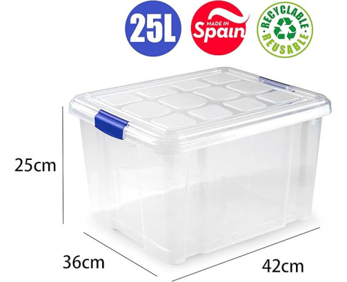 Caja Almacenaje Plástico 25L con Tapa y Cierres (N2) – Transparente