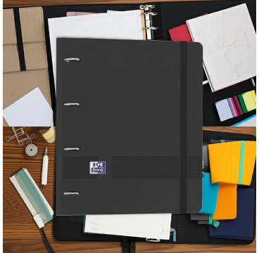 Archivador Oxford 4 Anillas A4+ Plástico Polyfoam con Goma - Incluye Recambio Cuadrícula 5x5 - Color Negro