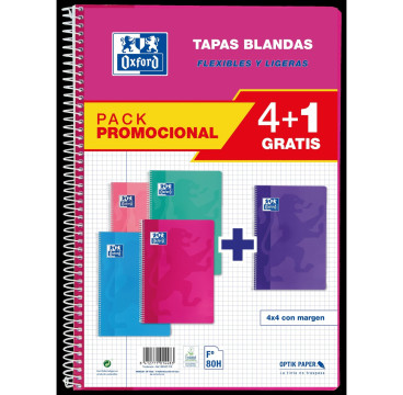 Oxford, Cuadernos A4 (Folio) Cuadrícula 4x4, Tapa Básica 80 Hojas Cuadrícula 4 mm Pack 4+1