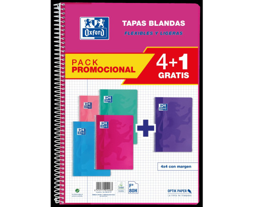 Oxford, Cuadernos A4 (Folio) Cuadrícula 4x4, Tapa Básica 80 Hojas Cuadrícula 4 mm Pack 4+1