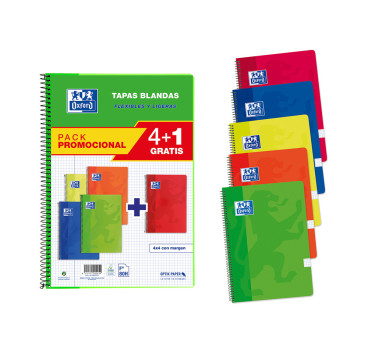 Pack 4+1 Cuadernos oxford tapa blanda folio 80 hojas 90gr cuadro 4 mm colores vivos pack de 4+1