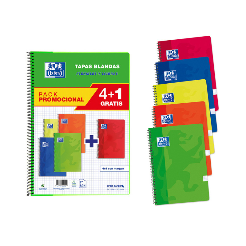 Pack 4+1 Cuadernos oxford tapa blanda folio 80 hojas 90gr cuadro 4 mm colores vivos pack de 4+1