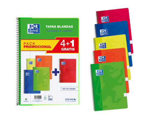 Pack 4+1 Cuadernos oxford tapa blanda folio 80 hojas 90gr cuadro 4 mm colores vivos pack de 4+1