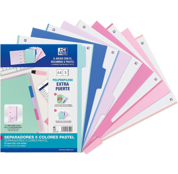 Oxford Strongline, Separadores Archivador 4 anillas A4, Plástico Opaco, 5 Posiciones, 4 Taladros, 5 Colores Pastel